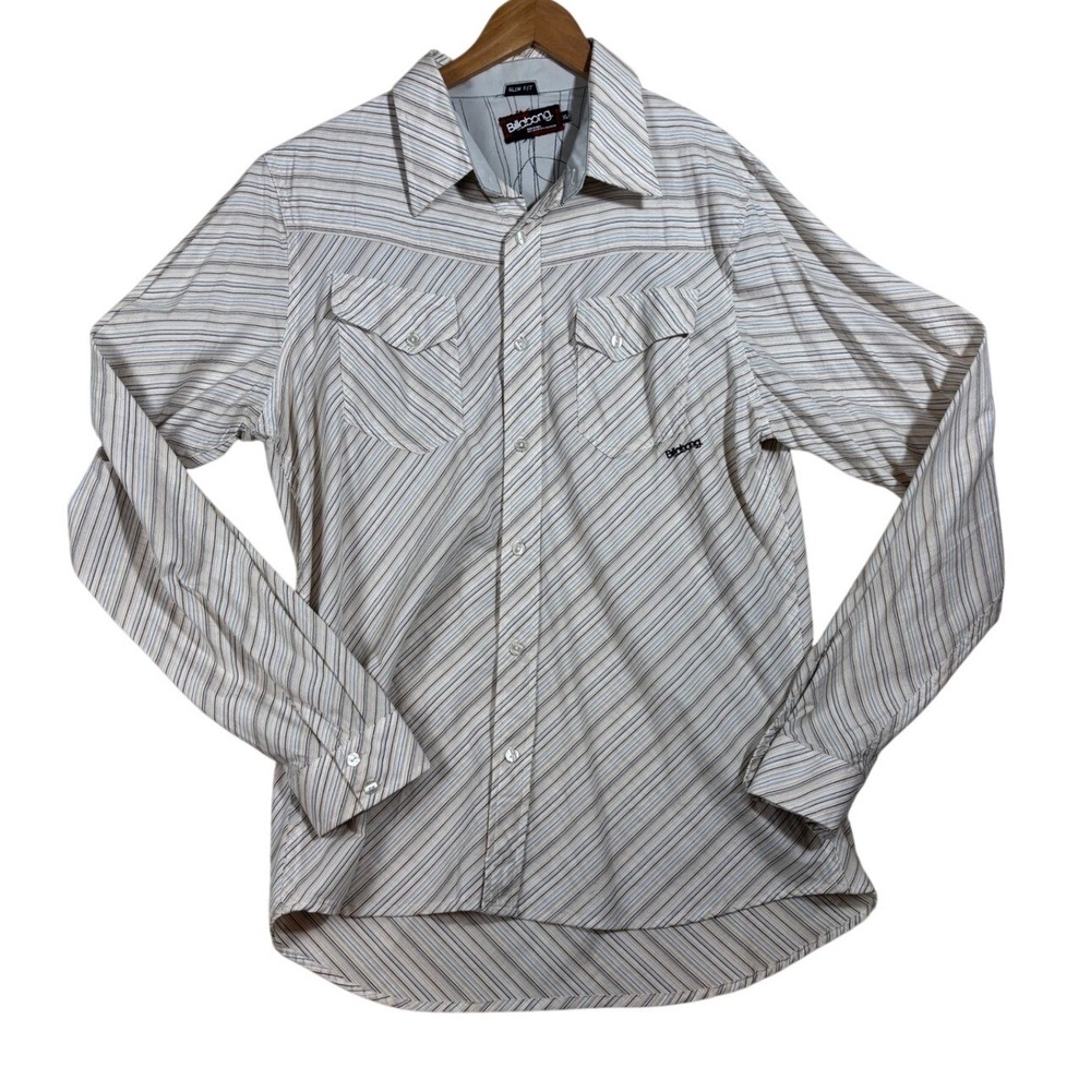 Billabong Mens XL Slim Fit Long Sleeve Button Up Striped Western Shirt Brown